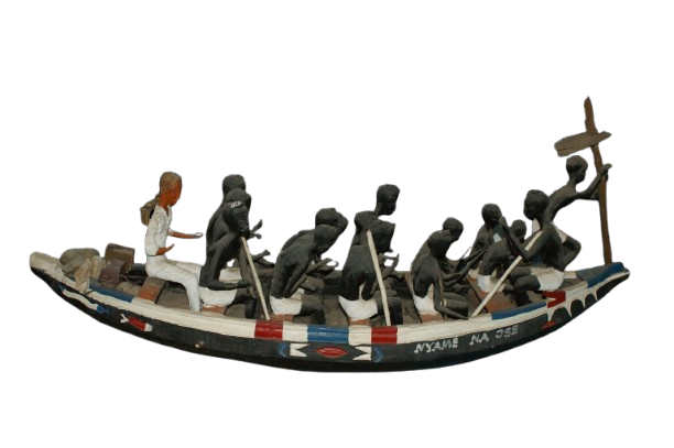 Museum model of a trading boat carrying captives out to European sailing vessels for shipment to the Americas